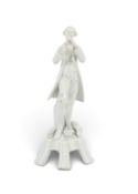 A 'problem' English porcelain white-glazed figure of a musician, 2nd half 18th century, previously a