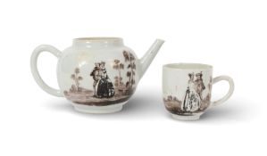 A London-decorated Chinese porcelain teapot and a coffee cup, c.1760-70, probably painted in the ate