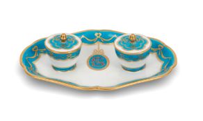 A Minton inkstand, date code for 1874, ensuite to the previous lot, the shaped oval form set with tw