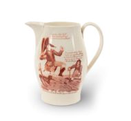 A commemorative creamware jug, c.1803, printed in red to one side with John Badcock's 'The Apotheosi