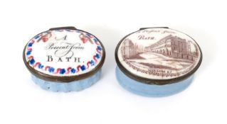 Two topographical enamel patch boxes, c.1785-95, of oval form, one printed with a view of Milsom Str