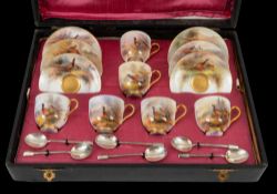 A harlequin cased set of six Royal Worcester coffee cups and saucers by James Stinton, date codes fo