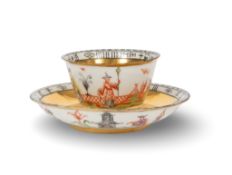 A rare Meissen hausmaler teabowl and saucer, c.1725, possibly Bayreuth, the exteriors painted in pol