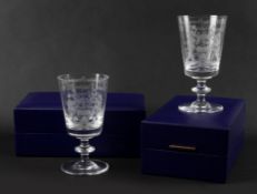 A pair of commemorative presentation glass goblets relating to Margaret Thatcher, 1979, the flared b