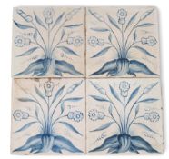 Four Morris & Co tiles designed by William Morris, c.1868-73, on Delft blanks, painted in blue w