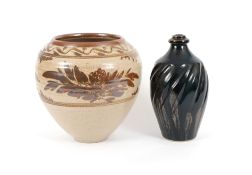 Nick Rees (b.1949), a Muchelney Pottery stoneware bottle vase, the incised spiral decorated form cov