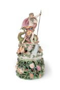 A Derby figure of Neptune with matching stand, c.1765, standing beside a large stylised dolphin with