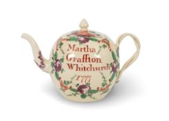 A documentary Staffordshire creamware punchpot or large teapot and cover, dated 1777, inscribed to o