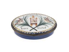 An English enamel patch box, c.1780-90, of navette shape, painted with a caged bird flanked by doves