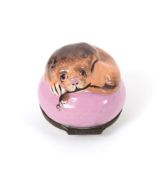 A rare South Staffordshire or Bilston enamel bonbonnière, c.1770-80, modelled with a lion or lioness