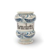 A Savona maiolica drug jar, c.1680, of dumbbell form, inscribed in manganese with 'Benedetta Laxativ