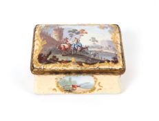 A Bilston or South Staffordshire rectangular snuff box, c.1780, painted with a figure riding a cow b