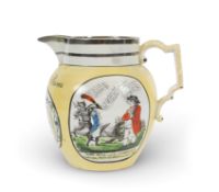 A Staffordshire commemorative lustre jug, dated 1813, printed and coloured with satirical prints of 