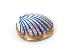 A rare South Staffordshire enamel snuff box, c.1780, formed as a scallop shell, the moulded surface 
