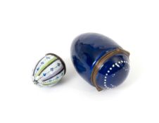 A Bilston enamel egg bonbonnière, c.1770-80, allover decorated in a rich dark blue, the top gilded '