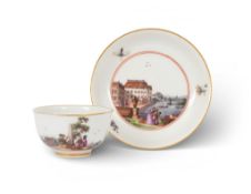 A Meissen teabowl and saucer, c.1730-35, the saucer painted with figures beside a riverside palace, 
