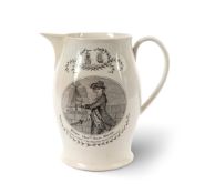 A tall creamware commemorative jug, c.1794, printed in black with a circular panel of a naval engage