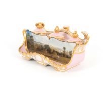 A Chamberlain's Worcester inkstand, c.1810, the shaped form painted with a view of Worcester from di