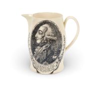 A creamware commemorative jug, c.1797, printed in black with a profile portrait of 'Admiral Lord Vis