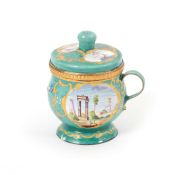 A South Staffordshire pot à jus and cover, c.1780, the rounded footed form painted with panels of fi