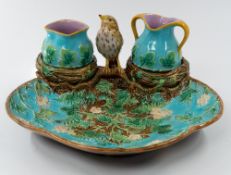 A George Jones Majolica strawberry set, c.1870, moulded and painted with flowering strawberry plants
