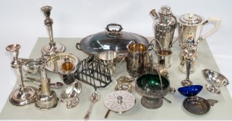 Silver Plate: a pair of Sheffield Plate candlesticks, a cocktail shaker, a toast rack, coffee pot, a