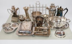 Silver Plate: two cocktail shakers, a trefoil nut dish, an entree dish, a coffee pot, and other silv