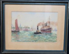 Artwork: early 20th century muted watercolour of a Red Star Line two funnel ship in harbour by a tug