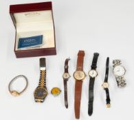 Watches: a gentleman's steel cased quartz Longines Conquest; a ladies Longines watch on leather stra