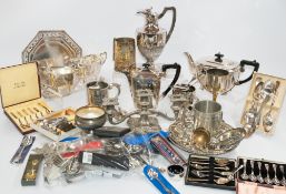 Silver Plate: an Art Deco four piece tea set, a barrel tankard, a coffee pot, together with other pl