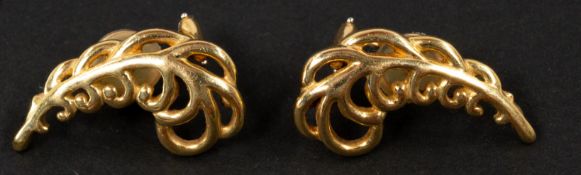 Jewellery: a pair of yellow metal earrings of organic form, designed and signed by Paloma Picasso fo