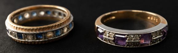 Jewellery: a 9ct yellow gold ring set with amethysts and CZ, UK size N, and a two colour 9ct gold et