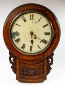 Clocks: a 19th century inlaid drop dial clock, with 30cm painted dial and glazed fretwork panel expo