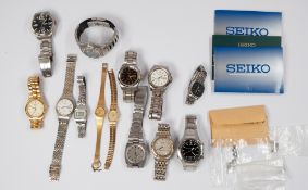 Watches: a gentleman's Seiko Kinetic blue dial wristwatch, a Seiko Sportura wristwatch, a Seiko Sola