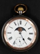 Watches: a gunmetal cased calendar and moonphase pocket watch, the enamel dial with moonphase arch t