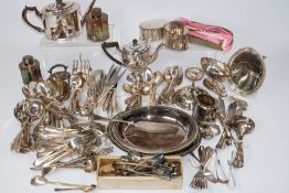 Silver Plate: a George III teapot and stand, three tea canisters, a coffee pot, entree dish, an asso