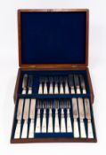 Silver Plate: an oak cased part set of mother of pearl handled fruit cutlery, probably William Brufo