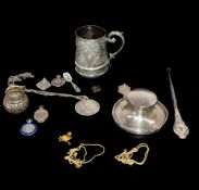 Silver: a capstan inkwell with castellated base; a Marie Theresa coin on chain; five various watch f