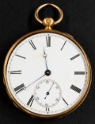 Watches: an 18ct yellow gold open faced pocket watch, with enamel dial and subsidiary second hand, t