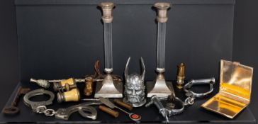 Metalware: a pair of perspex and silver plated candlesticks, 23.5cm; a Rover car mascot; two pairs o