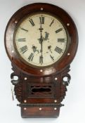 Clocks: a 19th century mahogany drop dial wall clock, the case inlaid with mother of pearl roundels 