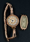 Watches: a ladies 9ct gold cased wristwatch on expanding integral strap, missing winder. 2.5cm diame