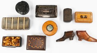 Decorative Arts: a silver inlaid rosewood snuffbox, of oval cross section with hinged lid (repaired)