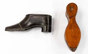Decorative Arts: a 19th century novelty puzzle snuff box in the form of a shoe, with brass dot punch