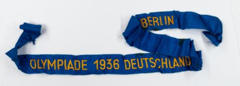Sporting Memorabilia: a 1936 Olympics blue and orange/ yellow hat band or tally, embroidered 'Olympi