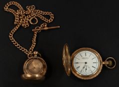 Jewellery: a ladies gold plated full hunter fob watch by Waltham, 43mm diameter, together with a