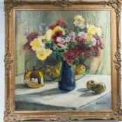 Artwork: L.Kauffmann (20th century European)- oil on board of flowers and fruit on a table, signed a