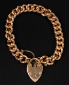 Jewellery: a late Victorian 15ct yellow gold curb link bracelet, Chester 1900, with heart shaped cla