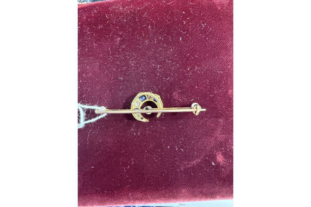 Jewellery: a yellow metal bar brooch, unmarked but testing as 18ct gold, a central crescent set alte - Image 2 of 2