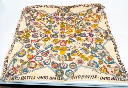 Militaria: a 1940s Jacqmar 'Into Battle' propaganda scarf, decorated with regimental badges within a